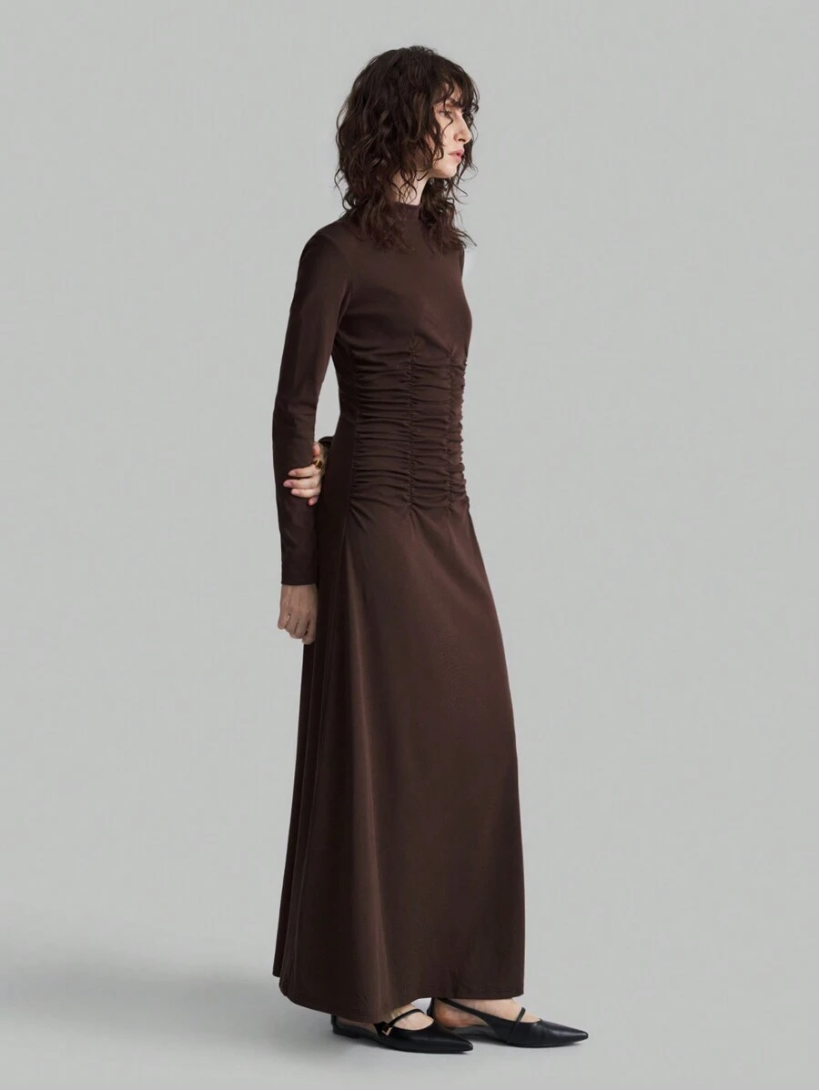 Ontre Brown Turtleneck Pleated Elegant Fitted Minimalist Stretchy Long Sleeve Cotton Dress