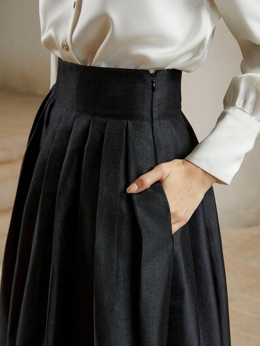 Anewsta Chân váy maxi xếp ly cạp cao thanh lịch, kiểu dáng hoàng gia. - màu đen - Xem 1