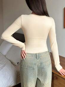 DAZY Solid Color Crew Neck Long Sleeve Fitted Twist Front Jumpsuit Pajamas - Beige - View 2