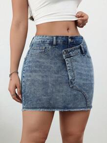SHEIN Tall Falda de jean ajustada de denim elástico para mujeres, falda larga de denim para mujeres, falda de denim para graduación, falda de salida, faldas de otoño para mujeres, faldas para mujeres, falda Y2k - Azul lavado medio - Ver 5