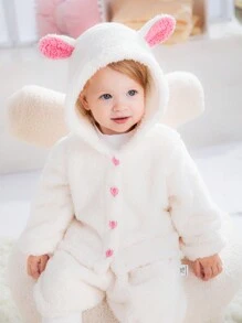 Baby Girls Cute Rabbit Ear Hooded Pullover And Ruffle Shorts 2pcs Set, Warm Winter Outfit - White - View 5