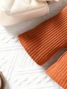 Baby Girl Solid Stand Collar Long Sleeve Ribbed Top & Ruffled Hem Skirt 2pcs Suit, Spring Autumn - Brown - View 5