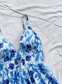Soleia 度假风 V 领镂空露背花卉印花吊带裙 - 藍色 - 查看 5