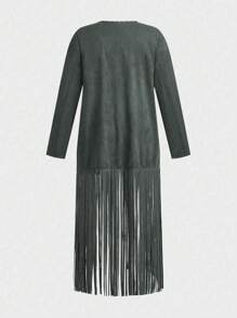 Calvaya Plus Size Beaded & Tassel Hem Long Sleeve Lightweight Jacket - Grey - View 2