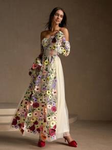 Anewsta 女士优雅露肩喇叭袖碎花连衣裙 - 彩色 - 查看 1