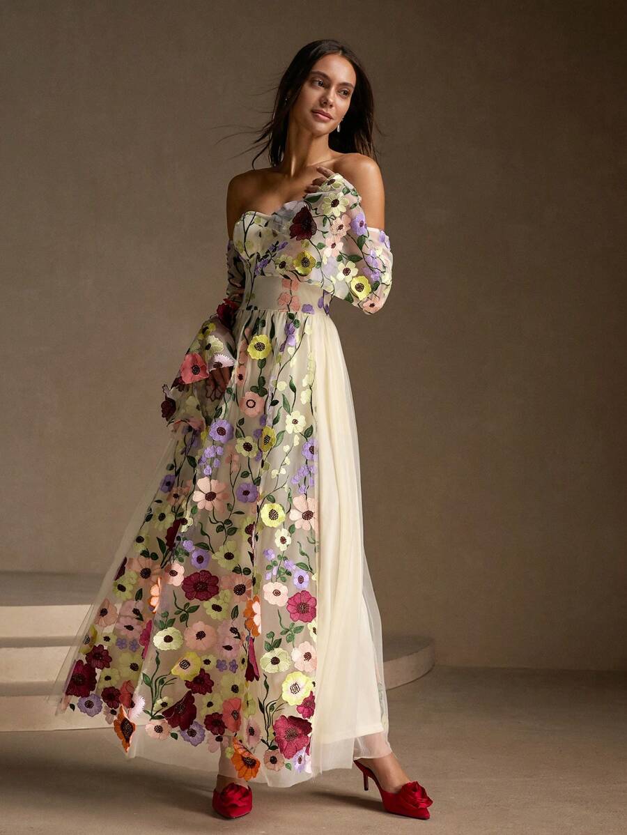 Anewsta 女士优雅露肩喇叭袖碎花连衣裙 - 彩色 - 查看 1