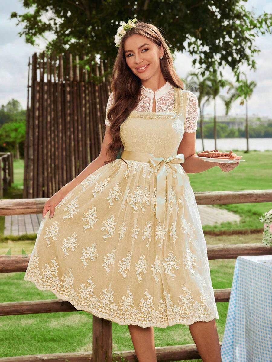 Chiquease Váy ren trơn màu thanh lịch mùa hè cho nữ - Màu be - Xem 1