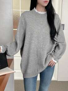 DAZY Women's Solid Color Splice Long Sleeve Casual Pullover Sweater,Fall Clothes - Grey - View 10