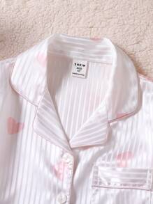 2 件装少女粉色心形缎纹提花撞色长袖上衣和裤子舒适家居服睡衣套装 - 紅白色 - 查看 4