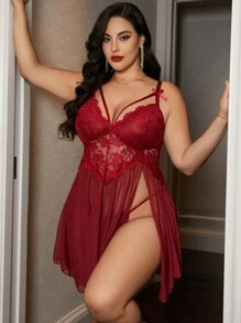 Plus Size Sexy Charming Bowknot Lace Lingerie - Burgundy - View 3
