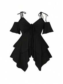 SHEIN Clasi 大码露肩不对称下摆背心和紧身裤两件套，春夏 - 黑色 - 查看 4