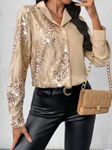 SHEIN Privé Women's Elegant Office Party Club Sparkly Sequin Contrast Button Long Sleeve Shirt