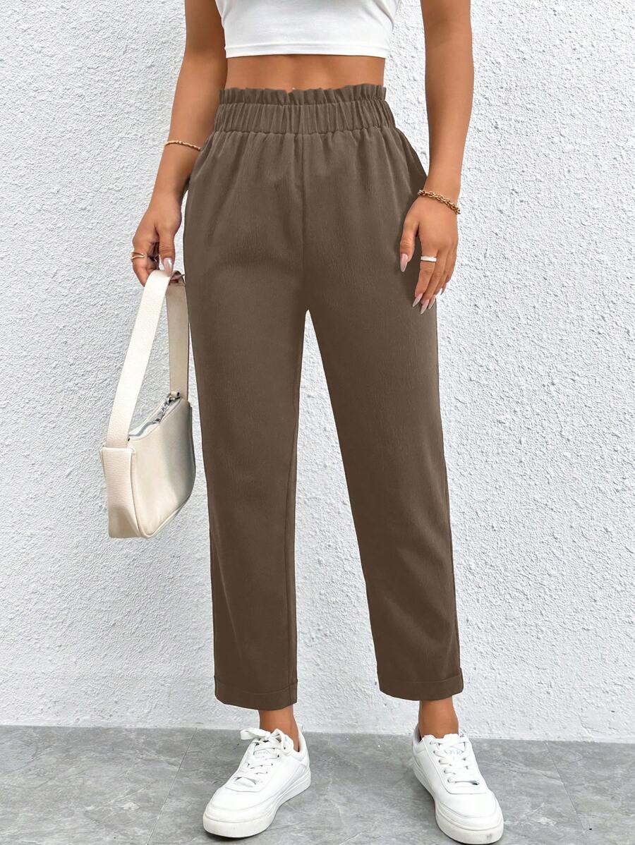 SHEIN PETITE Solid Elastic Waist Cropped Pants