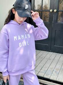SHEIN 2pcs/Set Purple Hooded Letter Print Basic Casual Sweatshirt And Sweatpants, Spring & Autumn - Purple - View 4