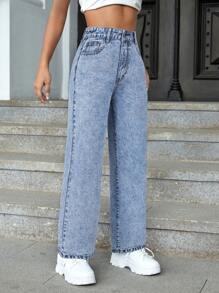 SHEIN EZwear 夏季高腰直筒牛仔裤 - 藍色 - 查看 5