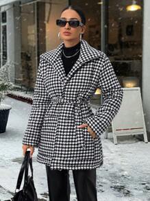 RueChic Fashionable Chic Elegant Houndstooth Pattern Belted Padded Coat - Multicolor - View 5