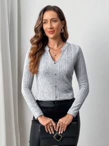 Miaspire Women's Solid Color Front Button Long Sleeve Casual T-Shirt Fall Women Clothes - Grey - View 3