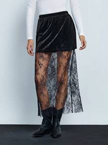 Maija Fusta neagră de damă, culoare uni, din catifea, cu îmbinare, minimalistă, elegantă, toamnă iarnă - Negru - Vizualizare 4