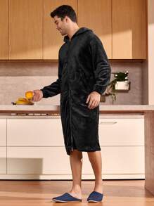 Manfinity Underwear&Sleepwear Basics 男士纯色拉链连帽长袖休闲家居服睡袍，带口袋，适合秋冬季节，蓬松舒适 - 黑色 - 查看 7