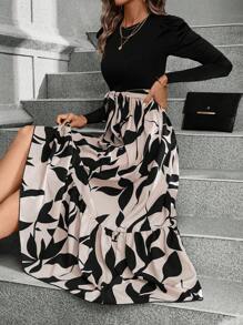 Breezaya 女士秋季蝴蝶结 A 字形树叶拼接连衣裙长款女装 - 彩色 - 查看 7