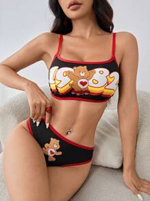 SHEIN X Care Bears Women's Contrast Trim Bear Pattern Wireless Bra And Brief Set - Black - View 3