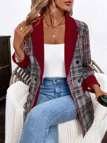 SHEIN Clasi Women's Red Color Block Plaid Lapel Blazer - Multicolor - View 5