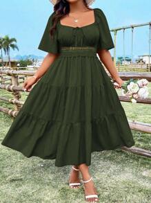 SHEIN LUNE 大码优雅刺绣心形领连衣裙，圣诞节女士长款套装 - 軍綠色 - 查看 7