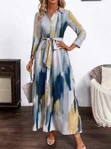 SHEIN Clasi 女式优雅抽象印花前开腰带长衬衫裙 - 彩色 - 查看 4