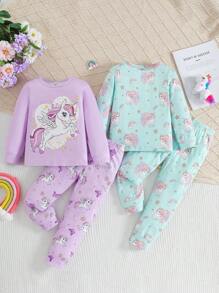 SHEIN 2pcs/Set Young Girls Cute Digital Cartoon Print Round Neck Casual Long Sleeve Top And Loose Drawstring Pants, Spring/Autumn