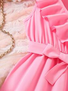Tween Girl  Solid Color Ruffle Trim Wrap Dress, Vacation Casual - Pink - View 10