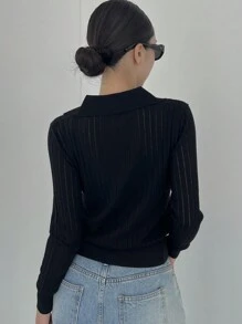 DAZY Áo len dài tay ôm dáng cổ bẻ khóa kéo nửa màu trơn dành cho nữ mùa thu - màu đen - Xem 5
