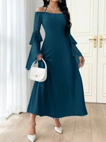 Modelyn 女士纯色露肩系带前喇叭袖长款优雅连衣裙，春夏长款晚礼服 - 水鴨藍 - 查看 5