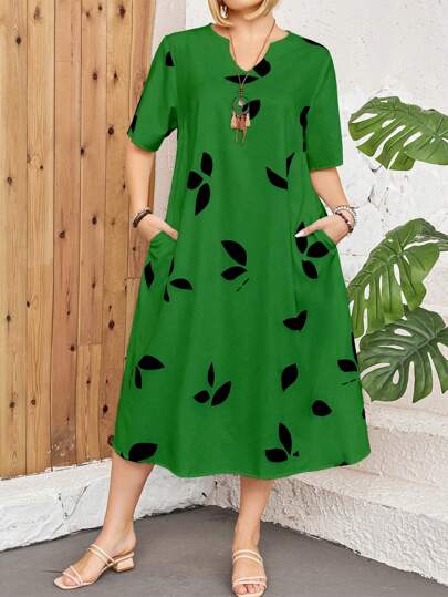 Vestido de manga corta con cuello con muesca en forma de hoja, de talla grande y elegante para mujeres, para el verano