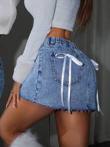 SHEIN PETITE Women's Casual Denim Mini Skirt With Bow Accent, Denim Skirt,Jeans Skirt, Clothes,Homecoming,Denim Mini Skirt,Women Jeans Skirt,Winter Women Clothes,Blue Homecoming Skirt