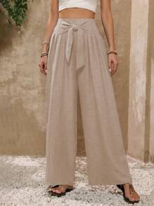 EMERY ROSE 女士度假纯色系腰宽松阔腿休闲裤 - 杏色 - 查看 7