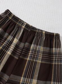 2pcs Set Teen Girl Ribbed Knit Basic Top And Plaid Print Pants, Fall/Winter Lounge Pajama Set - Brown - View 4