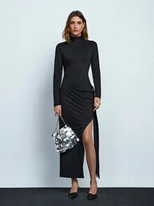 Maija Women's Sexy Black Solid Stand Collar Backless Slit Maxi Knitted Dress For Autumn