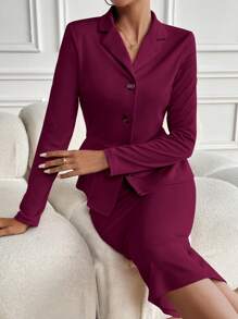 Chiquease Lapel Collar Single-Breasted Blazer And A-Line Skirt Set - Burgundy - View 6