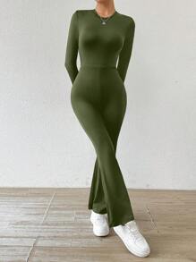 SHEIN PETITE Casual Round Neck Slim Fit Open Back Long Sleeve Jumpsuit For Vacation