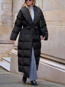 EURMUSE Fashionable Solid Long Belted Padded Coat