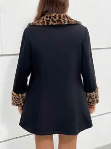 SHEIN Essnce Chaqueta con cremallera negra de vestir informal con parche de estampado de leopardo para mujer talla grande, ropa de mujer de otoño e invierno, abrigos de invierno, conjuntos