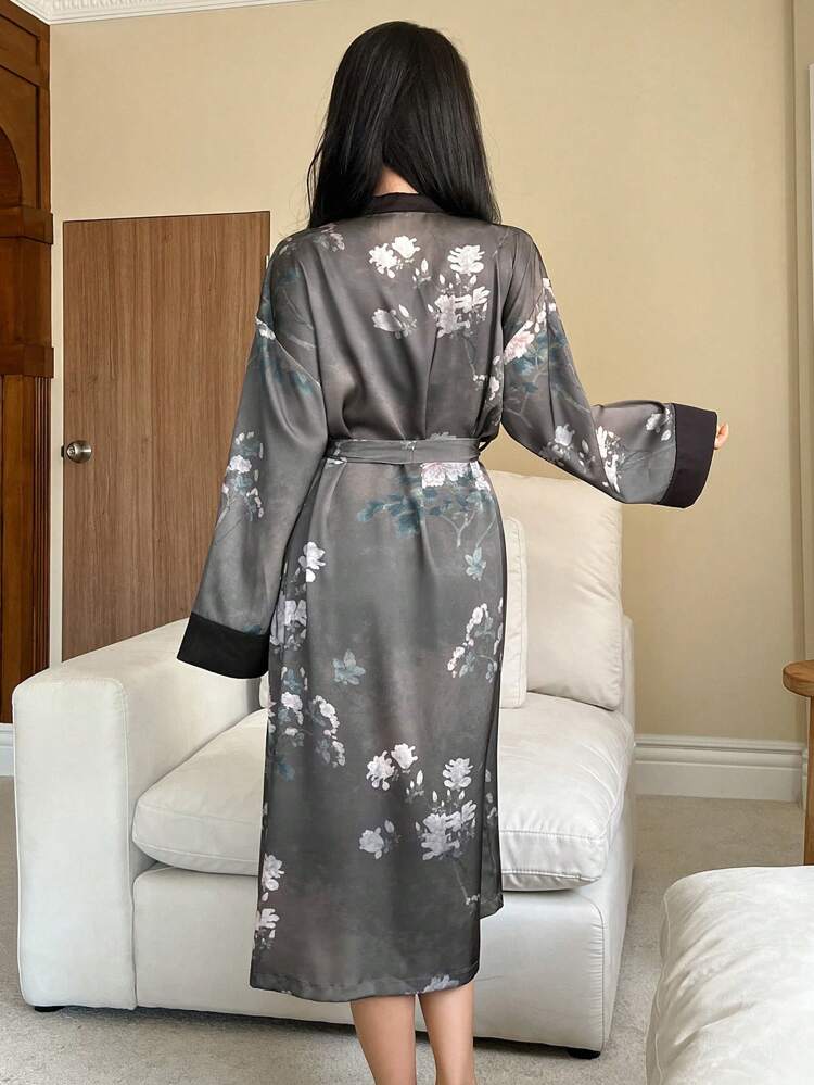 Floral Print Patchwork Contrast Trim Satin Bathrobe Pajama