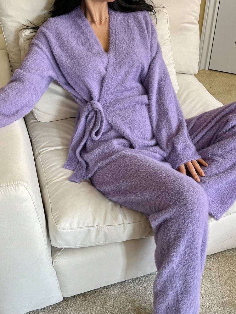 Faux Mink Furry Relaxed Tie Waist Lounge Suit Pajama, Cozy Outfit, Fall Winter Clothes
