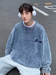 Claim Dot 男士深蓝色水洗趣味字母牛仔针织宽松落肩长袖牛仔上衣，适合聚会、朋友 - 深色水洗藍 - 查看 4