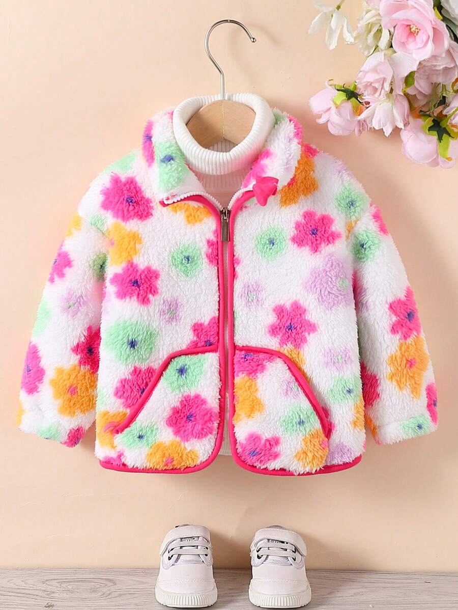 Infant Girls' Warm Contrast Color Trim Floral Fleece Jacket, Autumn/Winter - Monivärinen - Näytä 1