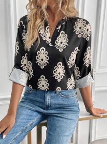 SHEIN LUNE European Style Floral Print Roll-Up Sleeve Casual Shirt, Autumn - Multicolor - View 3