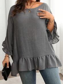 SHEIN LUNE 大码女式灰色编织竹针织圆领蝙蝠袖荷叶边下摆宽松休闲春夏衬衫荷叶边上衣 - 灰色 - 查看 4