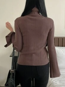 DAZY Women's Solid Color Fitted Long Sleeve Turtleneck Sweater,Fall Women Clothes - Brown - View 2