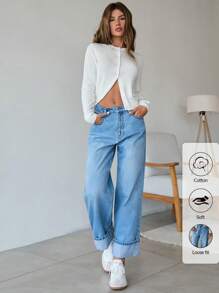 EURMUSE 100% Cotton Fold Up Denim Wide Leg Jeans - Light Wash - View 1