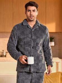 2 pièces Ensemble de pyjama homme avec chemise à manches longues et boutons devant et pantalon, couleur unie - Gris foncé - Voir 6